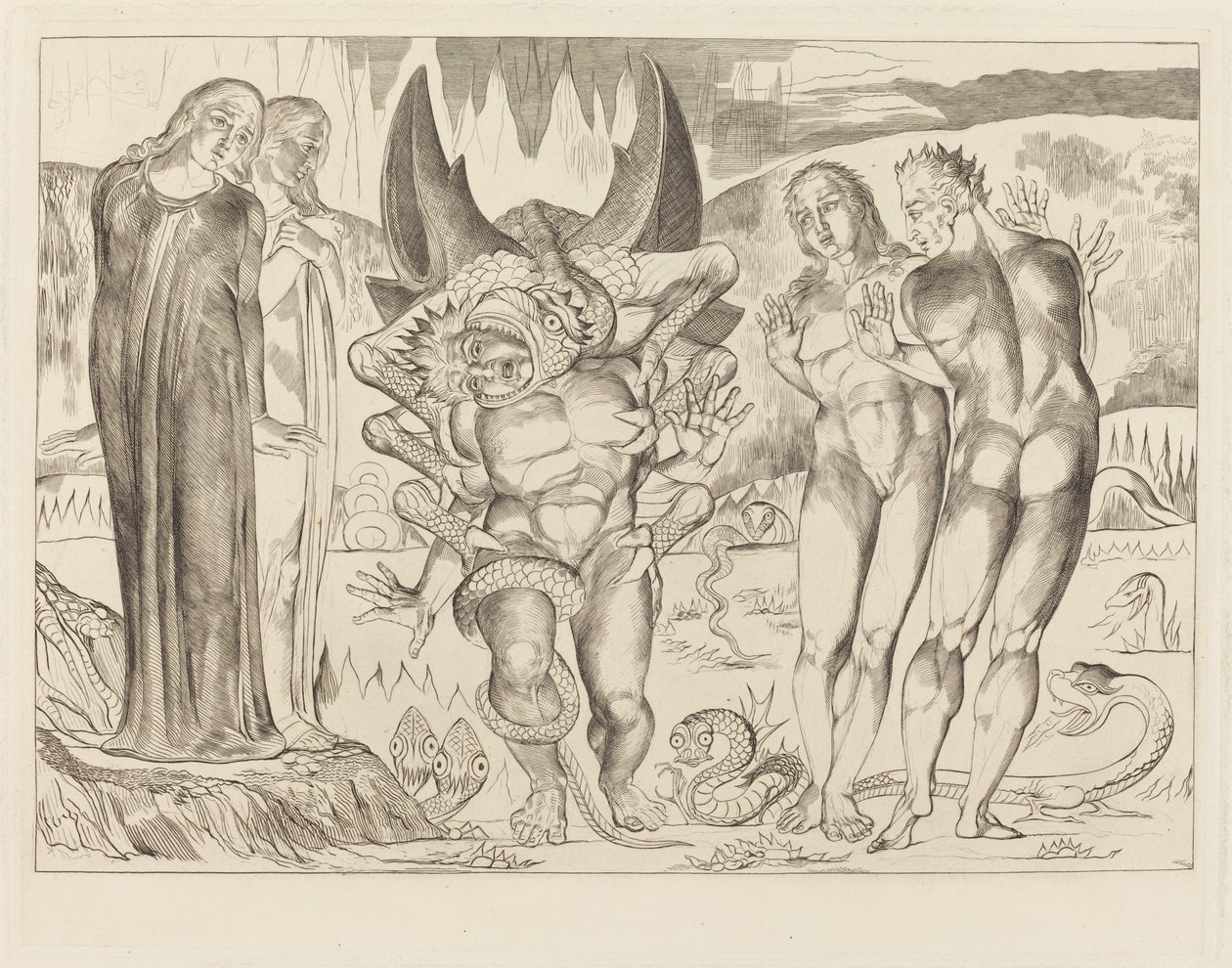 Hırsızlar Çemberi; Agnolo Brunelleschi Altı Ayaklı Yılan Tarafından Saldırıya Uğradı by William Blake