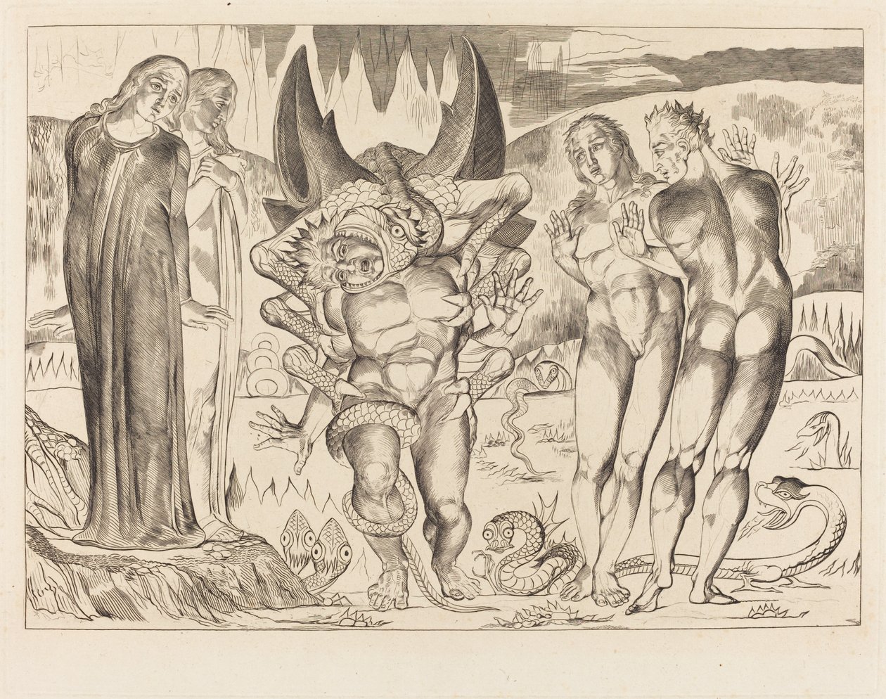 Hırsızlar Çemberi; Agnolo Brunelleschi Altı Ayaklı Yılan Tarafından Saldırıya Uğradı by William Blake