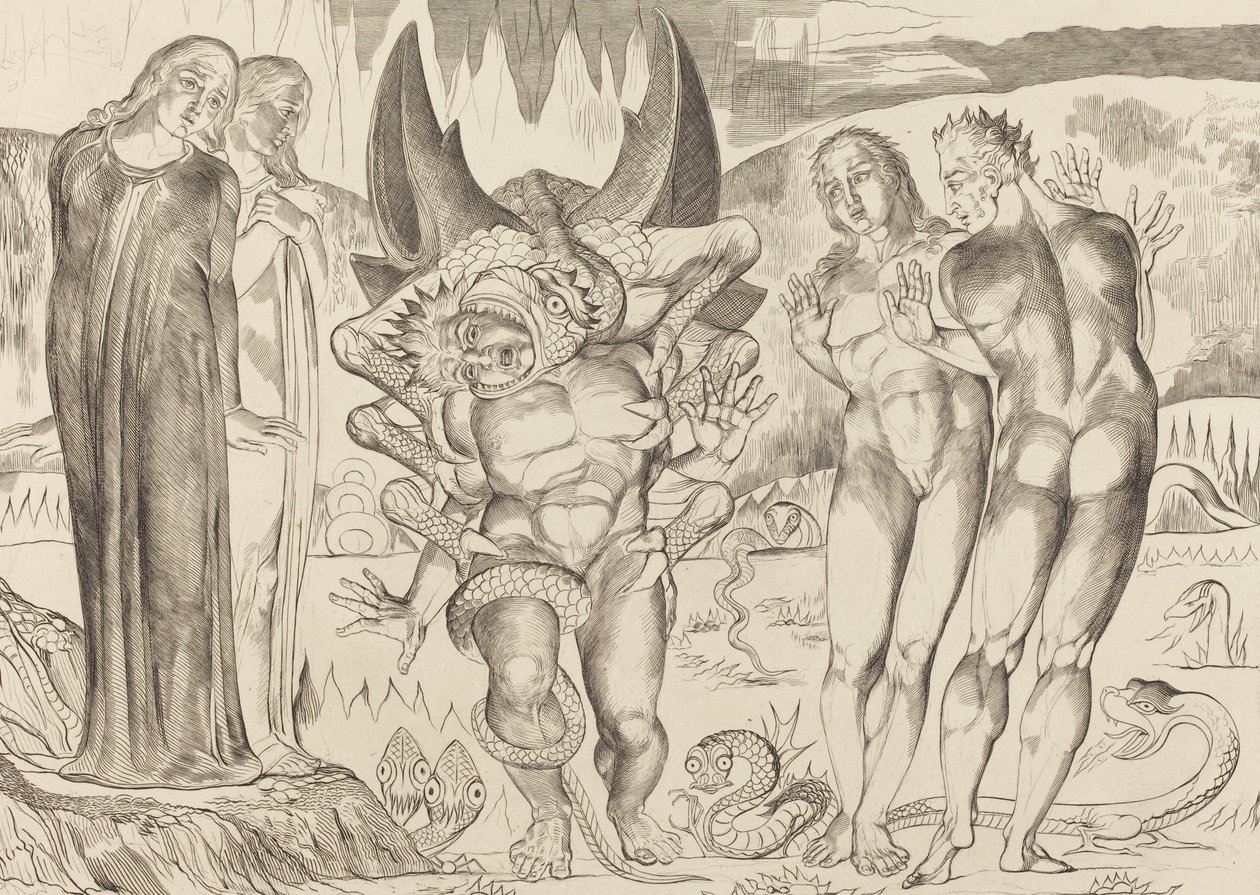 Hırsızlar Çemberi, Agnolo Brunelleschi, Altı Ayaklı Yılan Tarafından Saldırıya Uğradı, 1827. by William Blake
