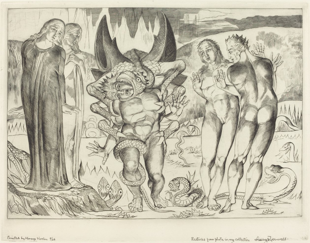 Hırsızlar Çemberi, Agnolo Brunelleschi, Altı Ayaklı Yılan Tarafından Saldırıya Uğradı, 1827. by William Blake