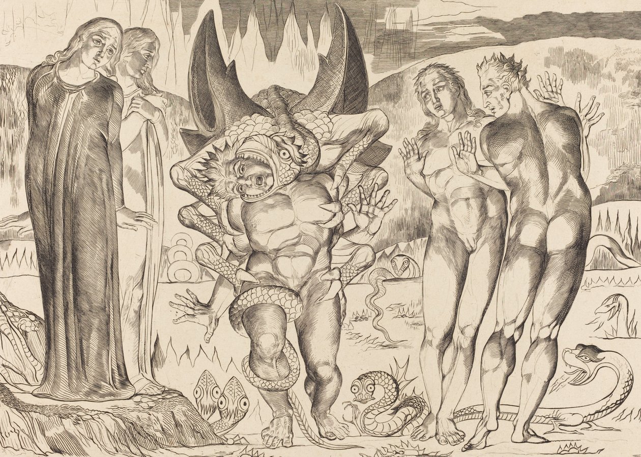Hırsızlar Çemberi, Agnolo Brunelleschi, Altı Ayaklı Yılan Tarafından Saldırıya Uğradı, 1827. by William Blake