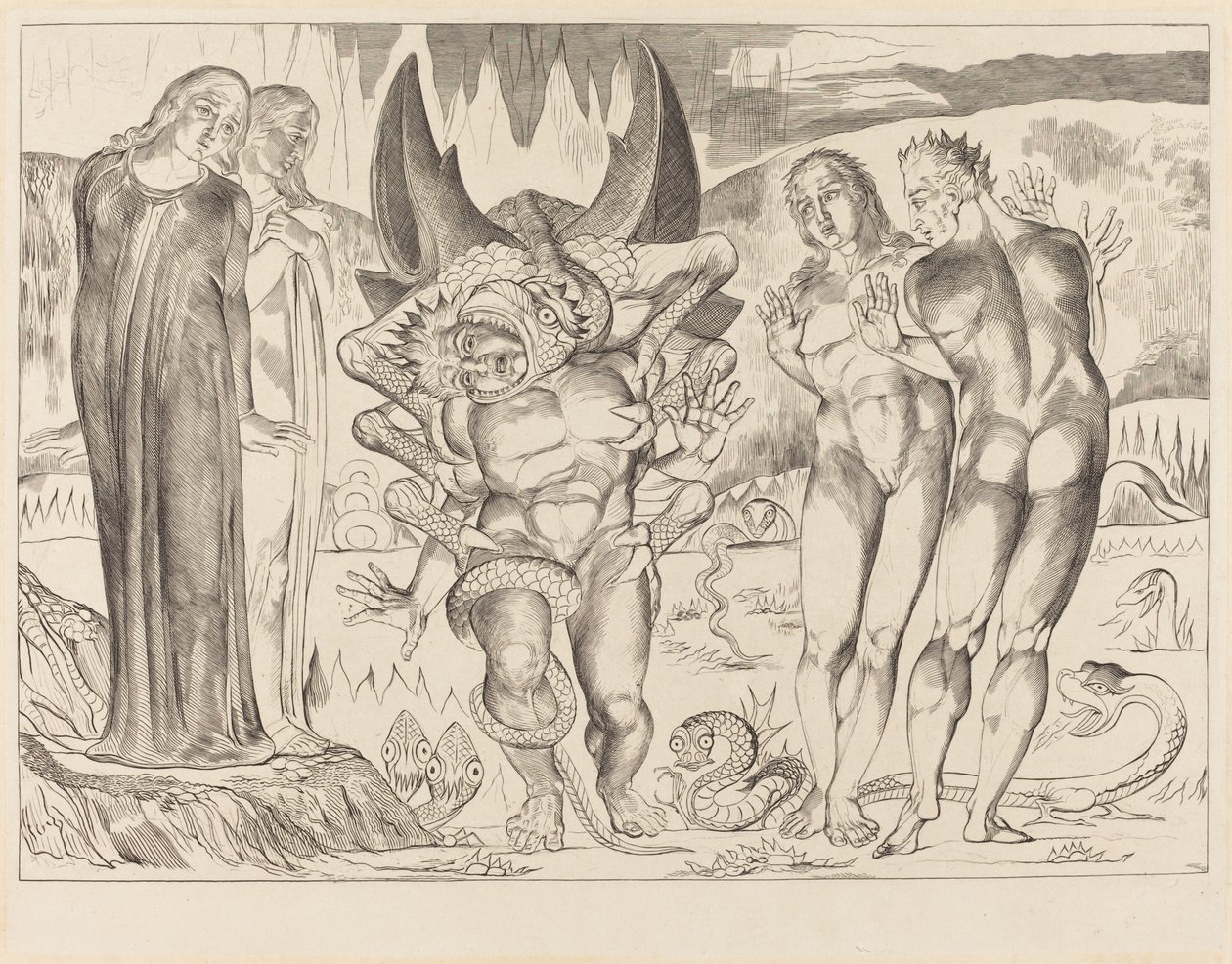 Hırsızlar Çemberi, Agnolo Brunelleschi, Altı Ayaklı Yılan Tarafından Saldırıya Uğradı, 1827. by William Blake