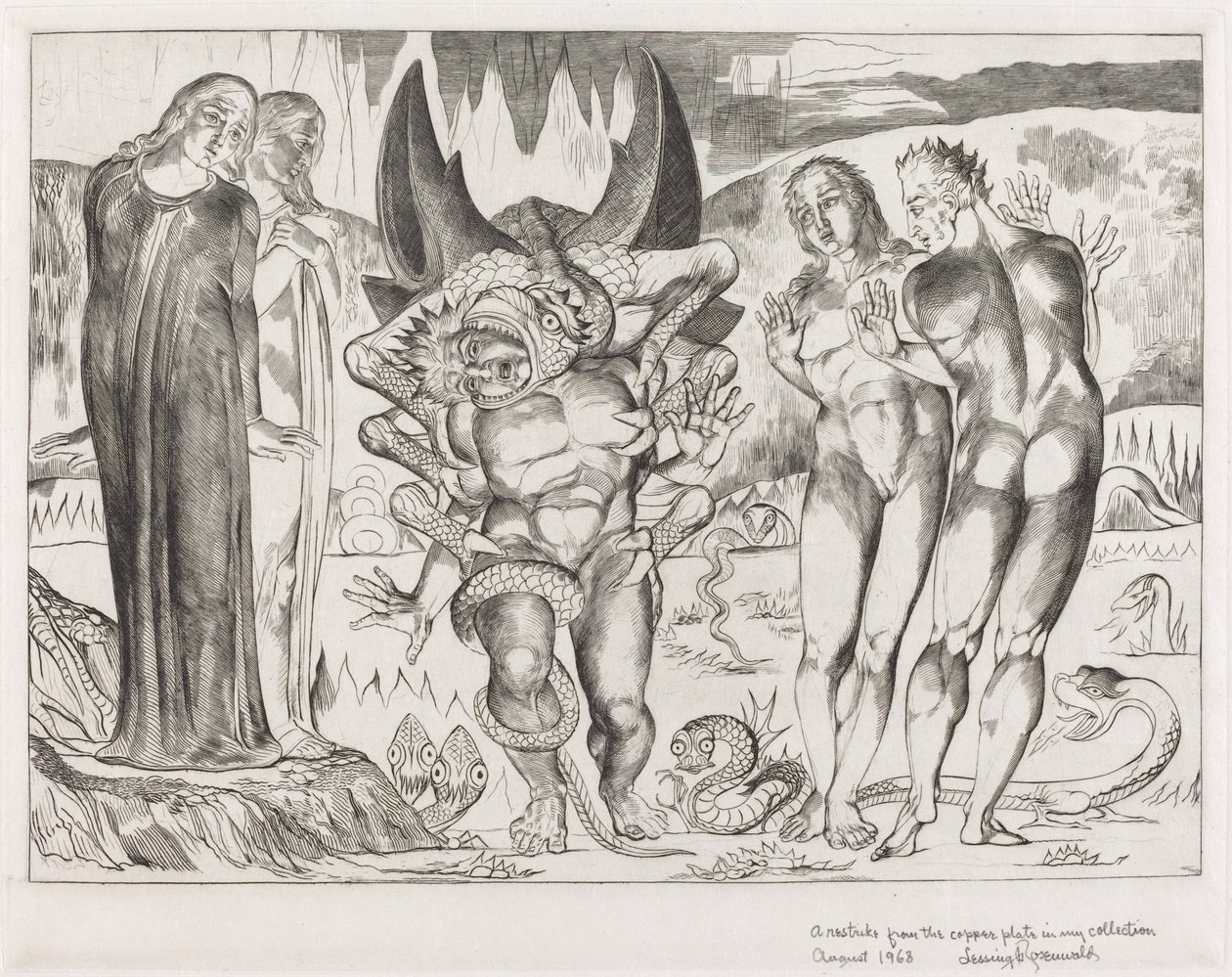 Hırsızlar Çemberi, Agnolo Brunelleschi, Altı Ayaklı Yılan Tarafından Saldırıya Uğradı, 1827. by William Blake