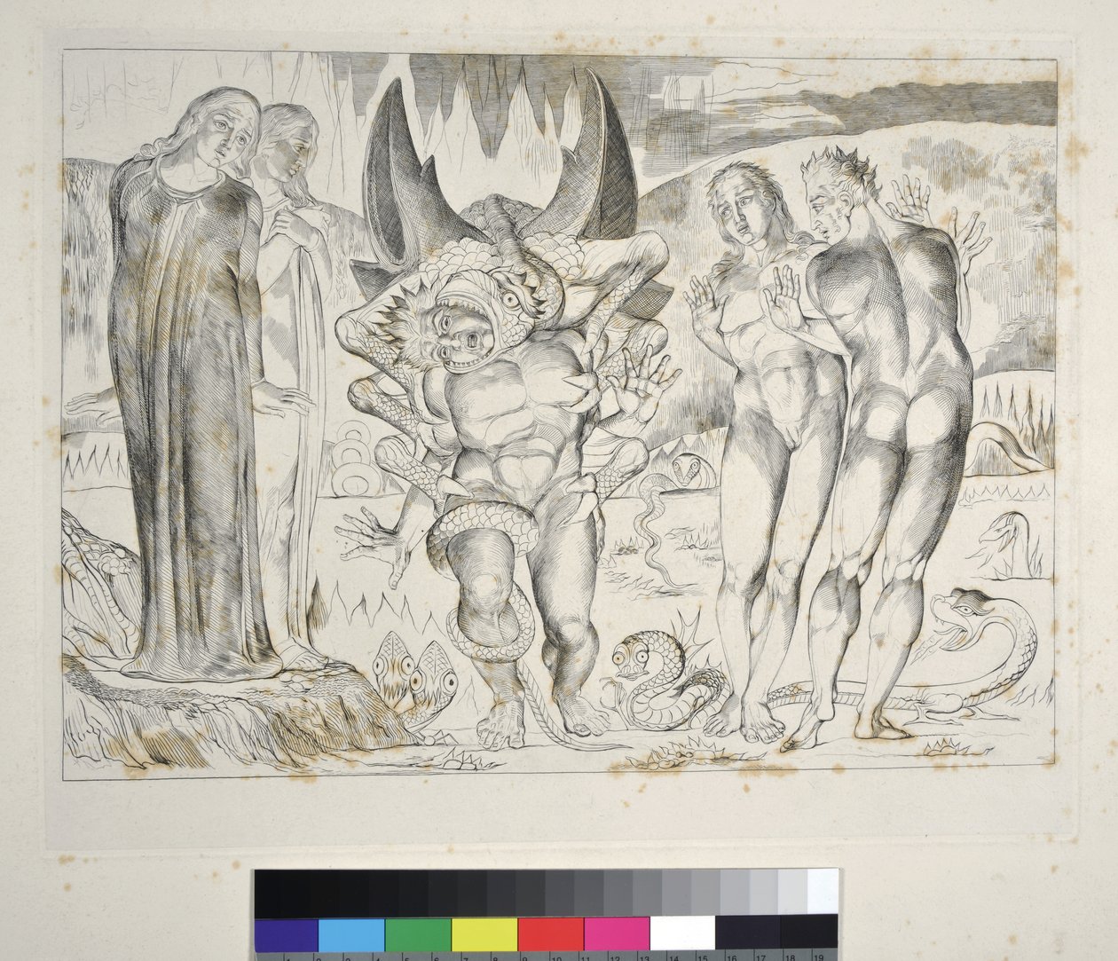 Hırsızlar Çemberi: Agnolo Brunelleschi Altı Ayaklı Yılan Cehennemi Tarafından Saldırıya Uğradı, Canto XXV, Dante Alighieri'nin 'İlahi Komedya'sının illüstrasyonu by William Blake