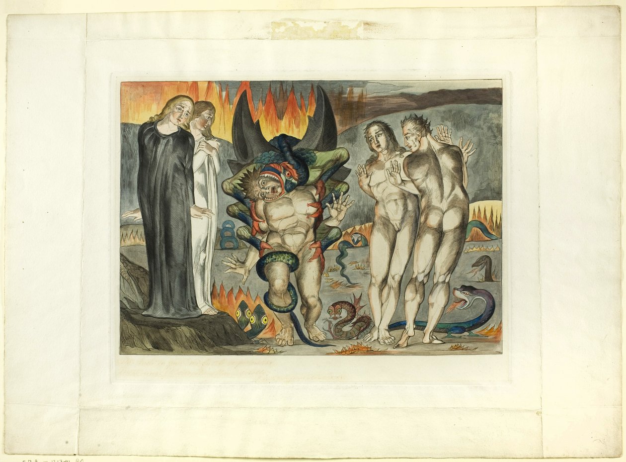 Hırsızlar Çemberi; Agnolo Brunelleschi, Altı Ayaklı Yılan Tarafından Saldırıya Uğradı. Cehennem, canto XXV by William Blake