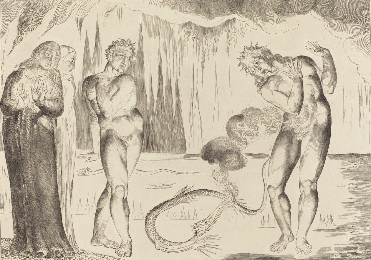 Hırsızlar Çemberi, Buoso Donati Yılan Tarafından Saldırıya Uğradı, 1827. by William Blake