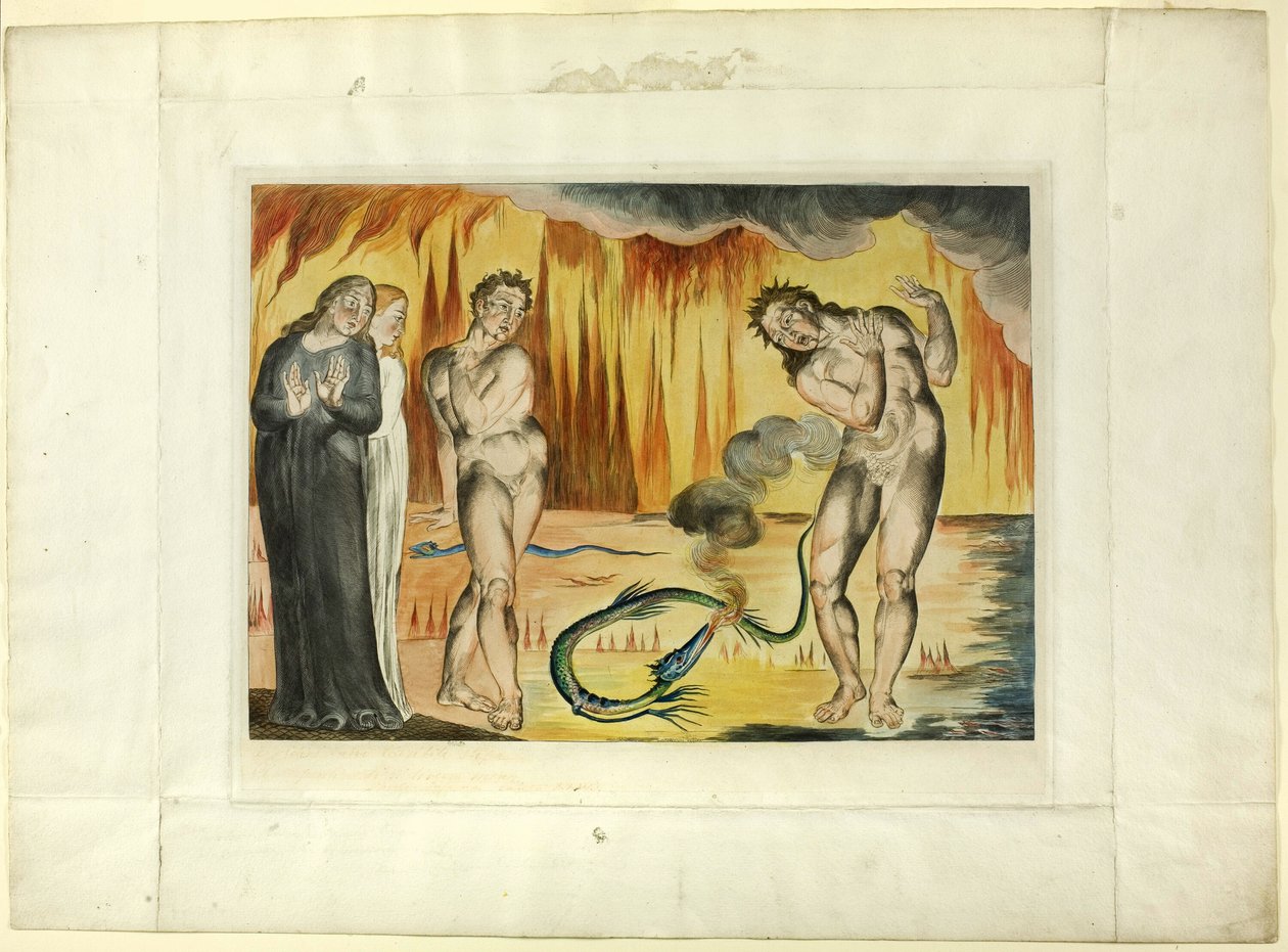Hırsızlar Çemberi; Buoso Donati Yılan Tarafından Saldırıya Uğradı. Cehennem, canto XXV by William Blake