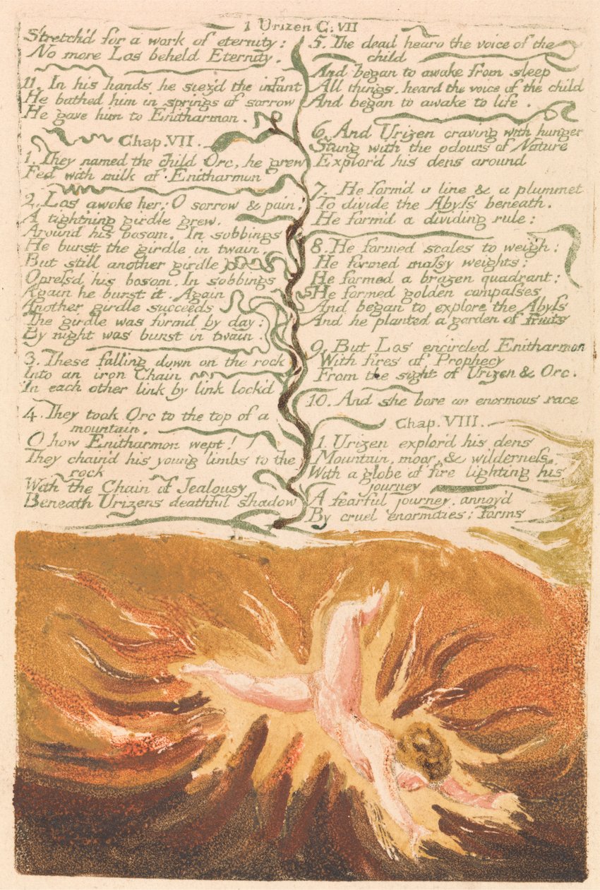 Urizen'in Birinci Kitabı, Levha 19, "Sonsuzluğa uzanan bir eser için esnetildi..." (Bentley 20) by William Blake