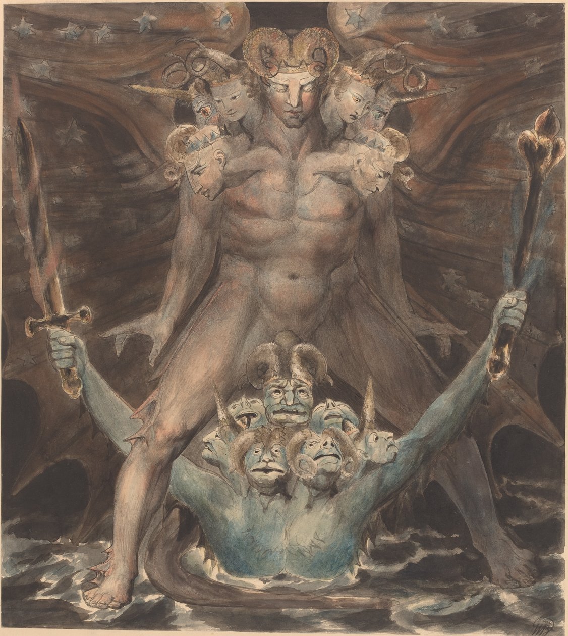 Büyük Kızıl Ejderha ve Denizden Gelen Canavar, c.1805 (kağıt üzerine suluboya ile kalem ve mürekkep) by William Blake