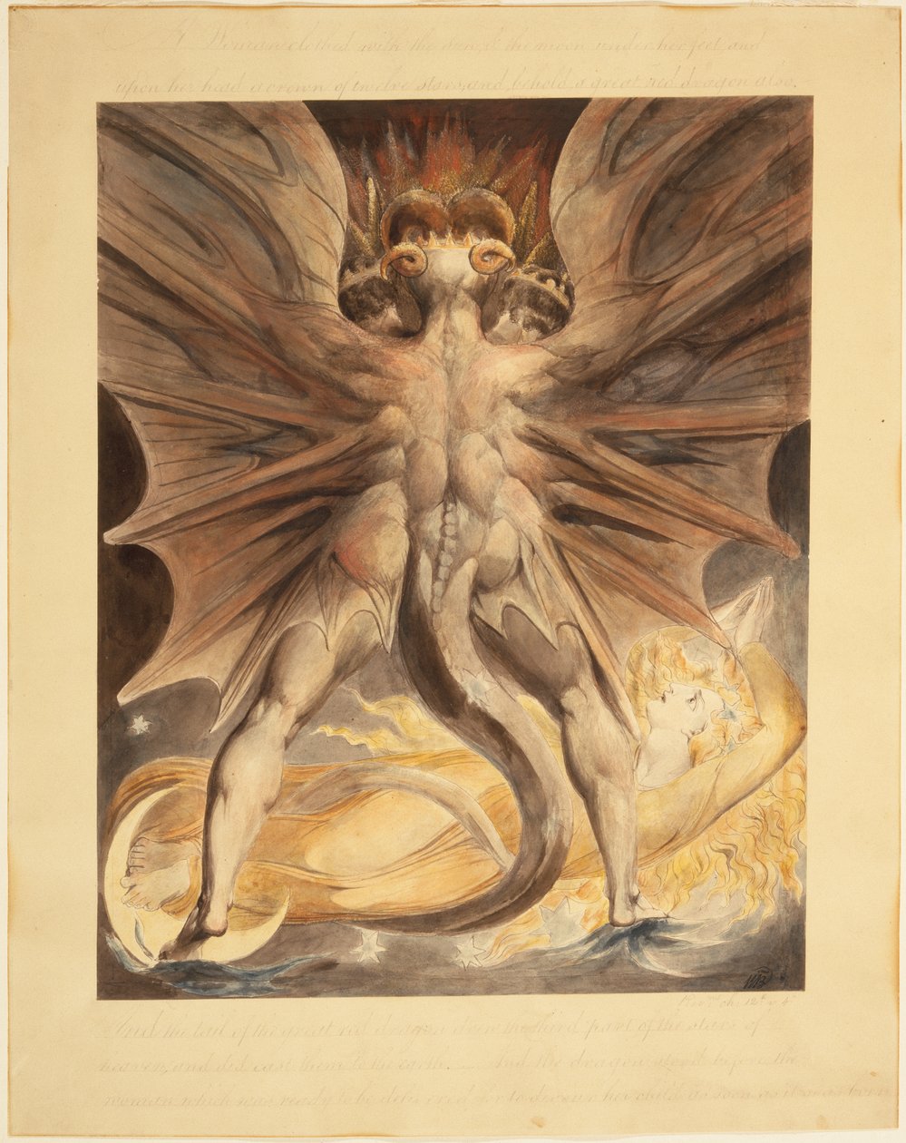 Büyük Kızıl Ejderha ve Güneşle Giden Kadın (Rev. 12: 1-4), c.1803-05 (grafit izleri ve kesik çizgiler üzerine siyah mürekkep ve sulu boya) by William Blake