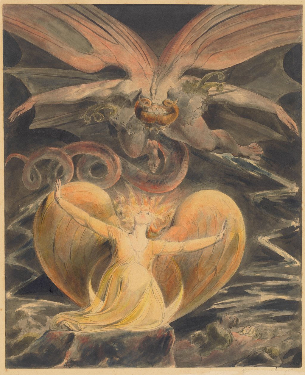 Büyük Kırmızı Ejderha ve Güneş Giysili Kadın, c.1805 (kalem, mürekkep ve suluboya) by William Blake