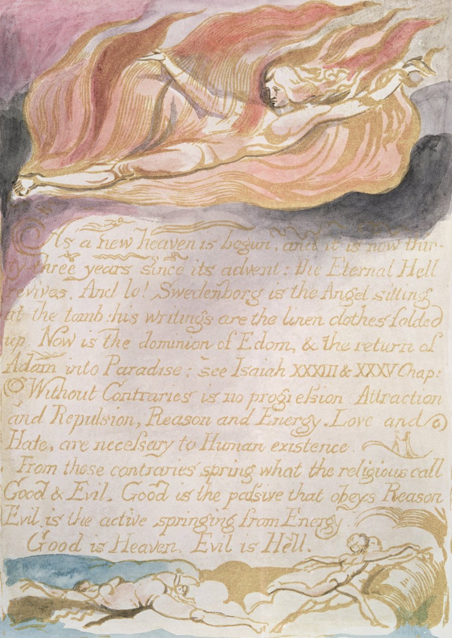 Cennet ve Cehennemin Evliliği; Yeni bir cennet başlarken, c.1790 (wc ile renklendirilmiş kabartma gravür) by William Blake