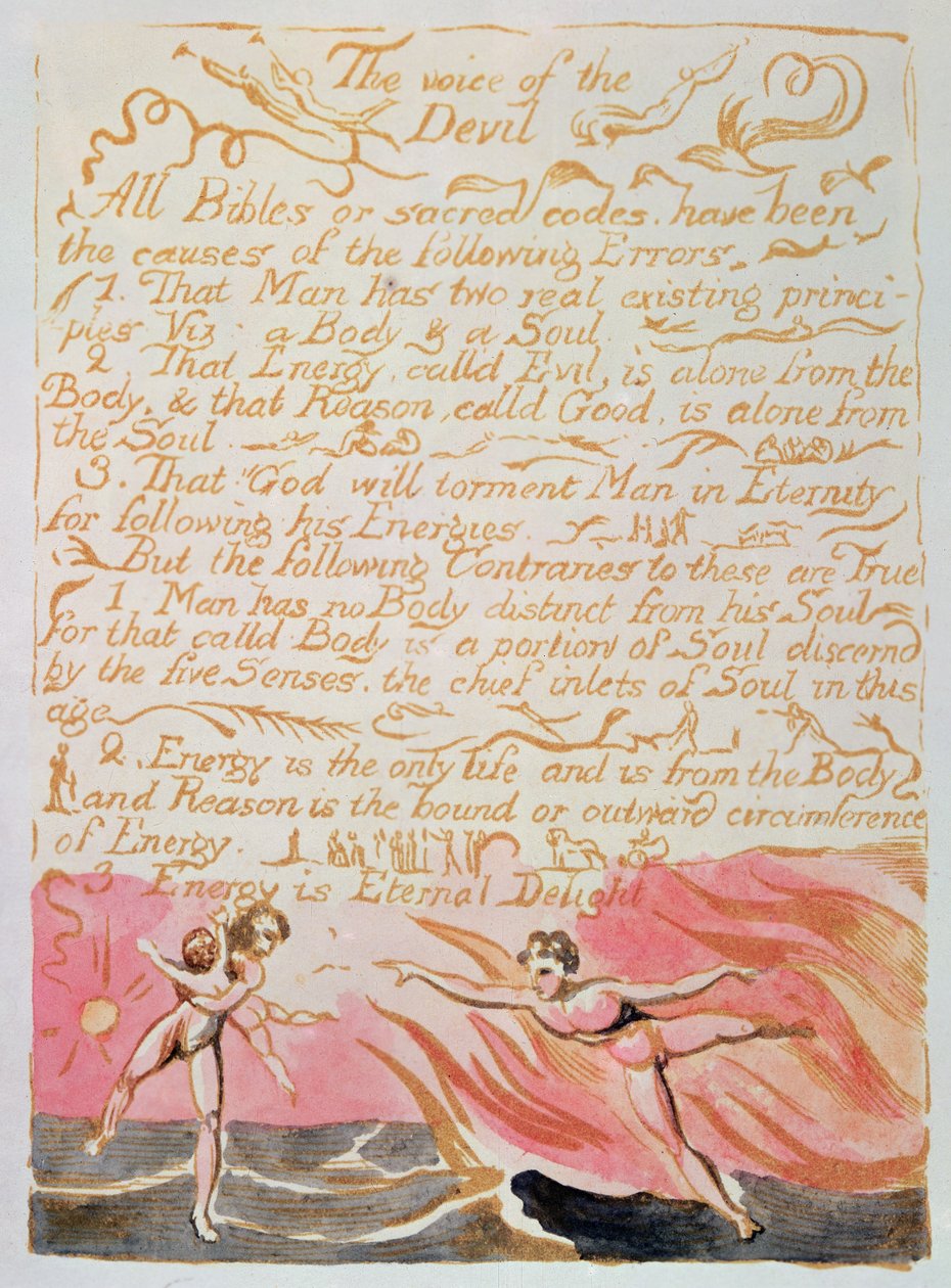 Cennet ve Cehennemin Evliliği; Şeytanın Sesi, c.1790 (sulu boya ile renklendirilmiş kabartma gravür) by William Blake