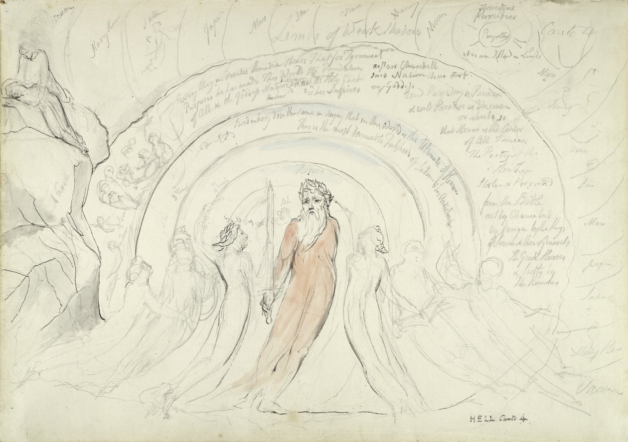 The Shades of Homer and other Poets of Antiquity, illustration to the Divine Comedy by Dante Alighieri, 1824-27 (pen & ink with wc over pencil and chalk on paper) by William Blake