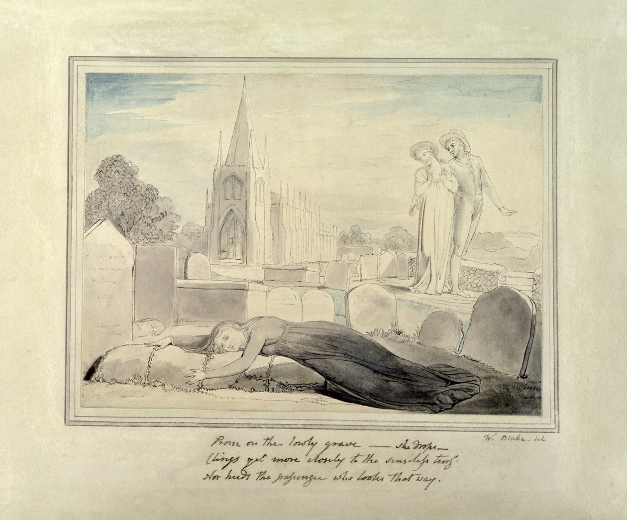 Kocasının Mezarını Kucaklayan Dul (kağıt üzerine kalem ve fırça ve siyah mürekkep ve wc) by William Blake