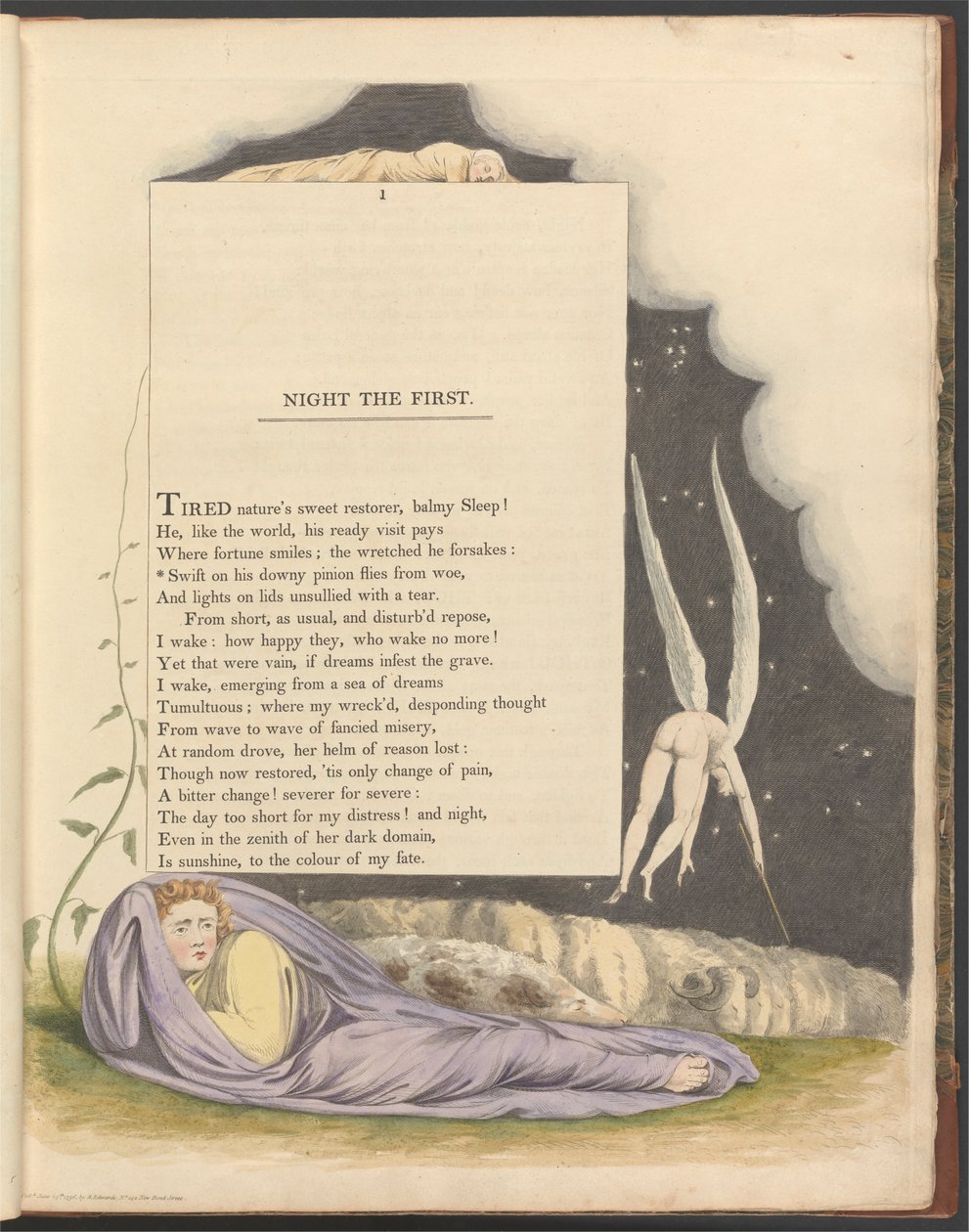 Young'ın Gece Düşünceleri, Sayfa 1, "Tüylü Pinyonundaki Hızlı, Woe'dan Uçuyor" by William Blake
