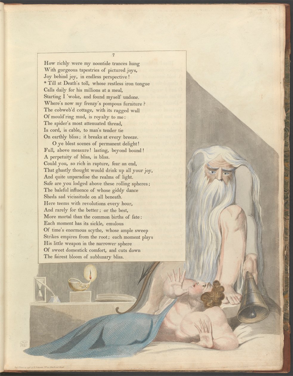 Young'ın Gece Düşünceleri, Sayfa 7, "Huzursuz demir dili olan Ölümün bedeline kadar" by William Blake
