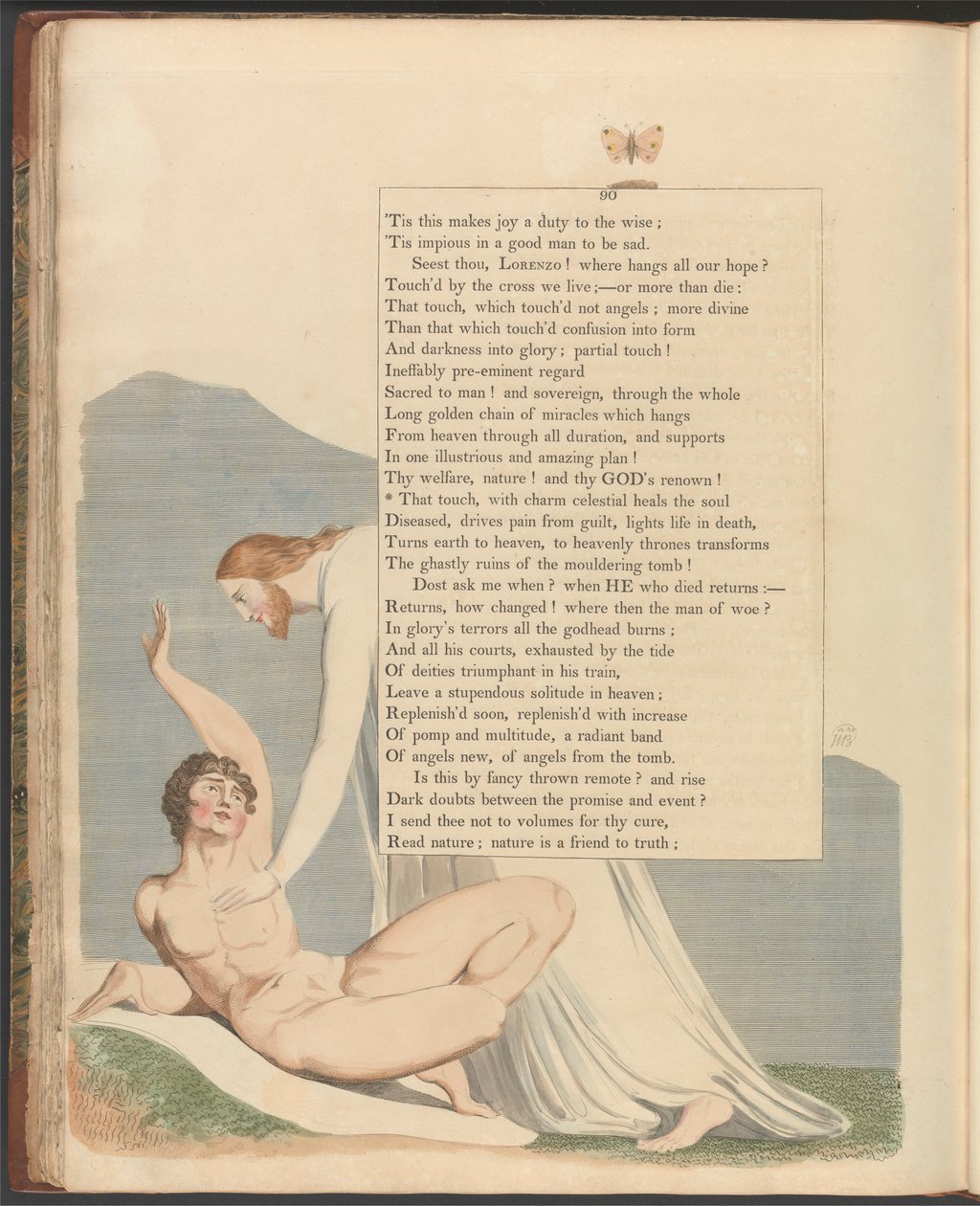 Young'ın Gece Düşünceleri, Sayfa 90, "Göksel çekiciliğe sahip bu dokunuş ruhu iyileştirir" by William Blake
