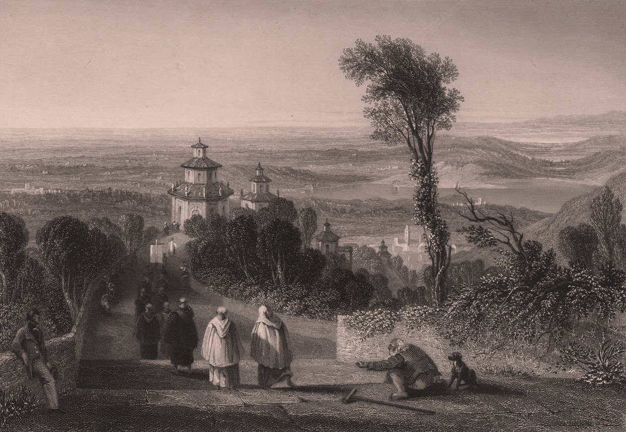 İtalya, Lombardiya, Varese'deki Sacro Monte'den (Kutsal Dağ) görünüm, William Brockedon'un (1787-1854) çiziminden T Willmore'un çelik gravürü, yaklaşık 23x18 cm by William Brockedon
