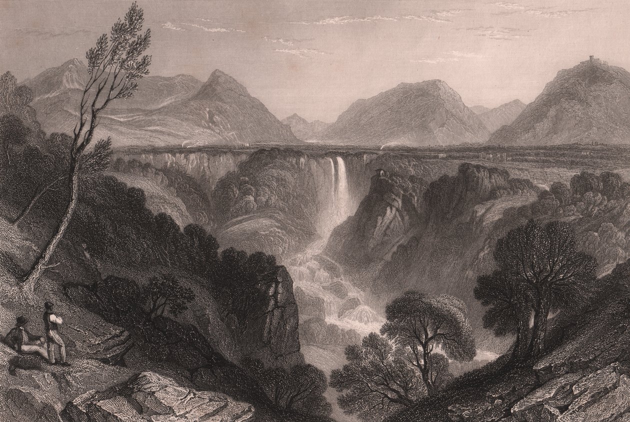 Terni, Umbria, İtalya yakınlarındaki Marmore Şelalesi'nin (Cascata delle Marmore) görünümü, William Brockedon (1787-1854) tarafından çizildikten sonra James Tibbitts Willmore (1800-1863) tarafından yapılmış çelik gravür, yaklaşık 23x18.5 cm by William Brockedon
