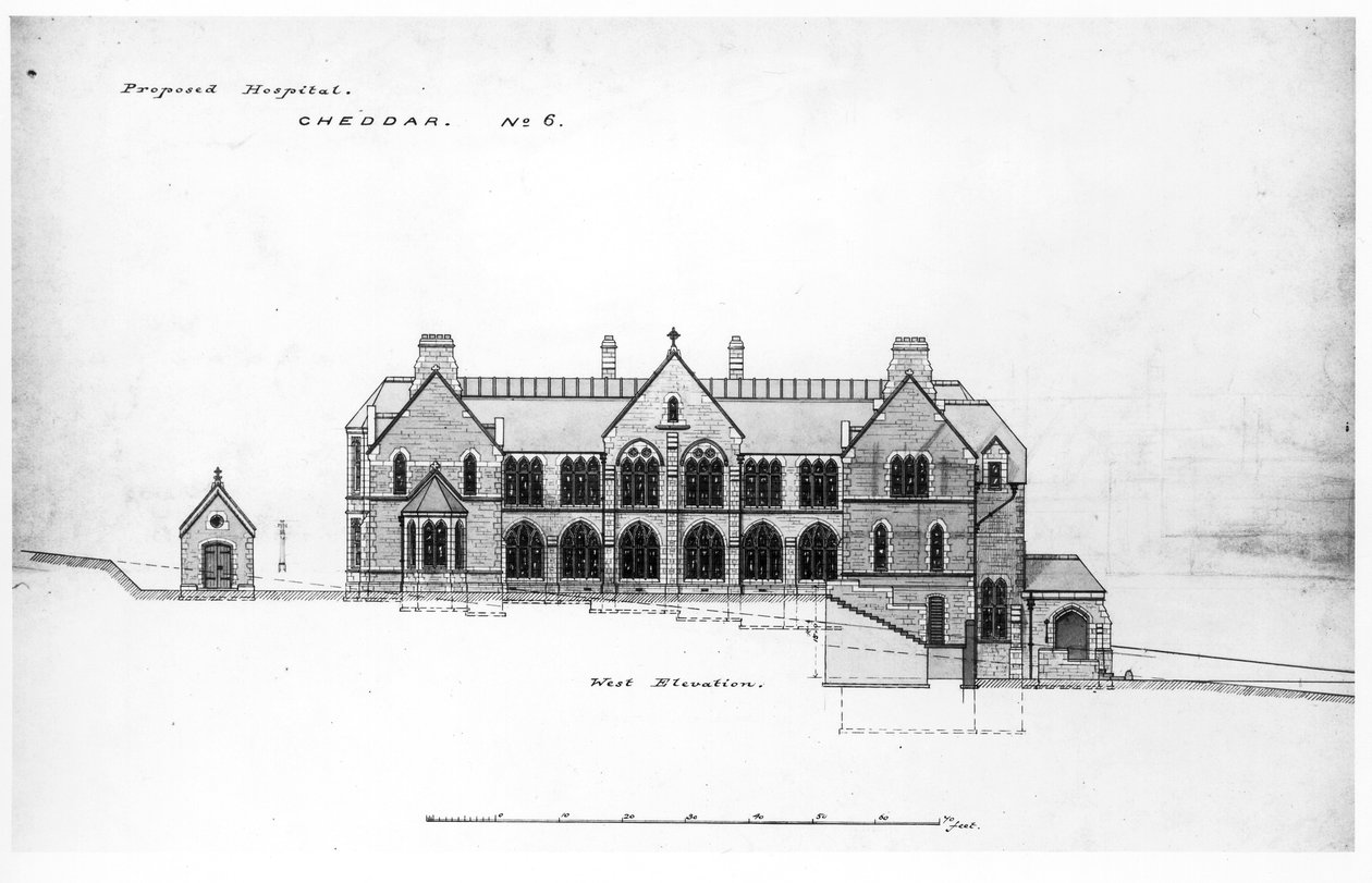 ವೆಸ್ಟ್ ಎಲಿವೇಶನ್ - ಸೇಂಟ್ ಮೈಕೆಲ್ಸ್ ಹೋಮ್, ಚೆಡ್ಡರ್, 1878 ರ ಮೊದಲು (ಕಪ್ಪು ಶಾಯಿ, ಪೆನ್ಸಿಲ್ ಮತ್ತು ಕಾಗದದ ಮೇಲೆ ಡಬ್ಲ್ಯೂಸಿ) ಟರ್ಕ್ by William Butterfield