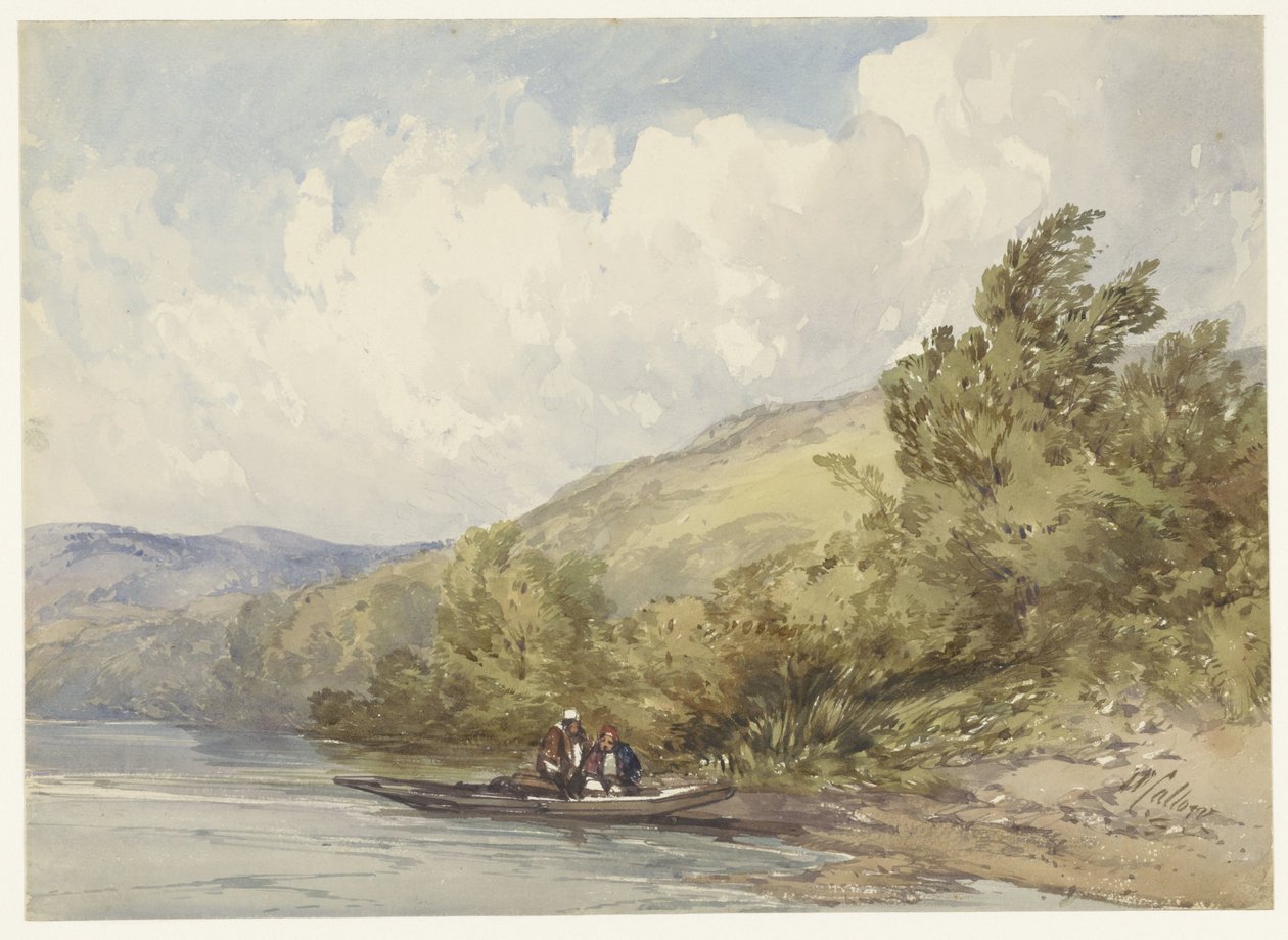 Bir göl ve iki figürlü bir tekne ile tepelik manzara by William Callow