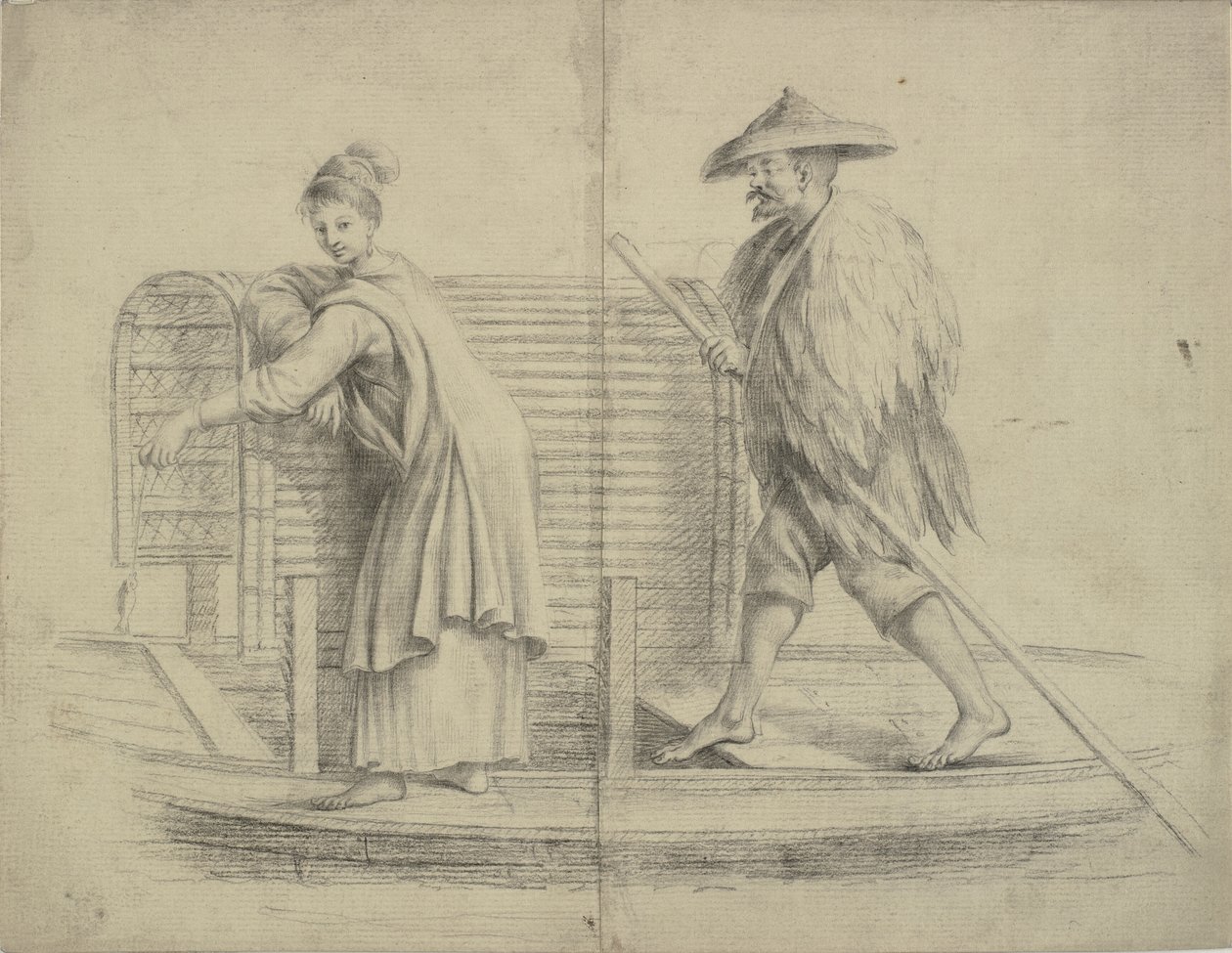 Çin sahnesi. Erkek ve kadın bir nehir teknesinde by William Chambers