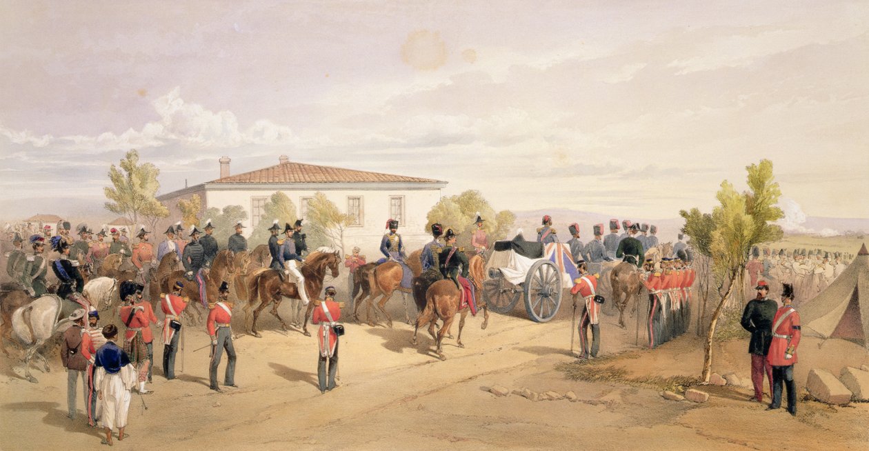 Lord Raglan'ın Karargahtan Ayrılan Cenaze Korteji, 'Doğu'daki Savaş Yeri'nden bir levha, pub. Paul ve Dominic Colnaghi und Co., 1856 tarafından by William Crimea Simpson