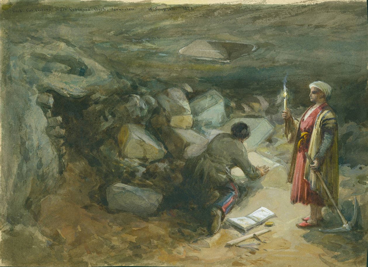 Robinson's Arch'ın Altındaki Kaya Sarnıcı, Kudüs, 1871 (kağıt üzerinde wc ve kurşun kalem) by William Crimea Simpson