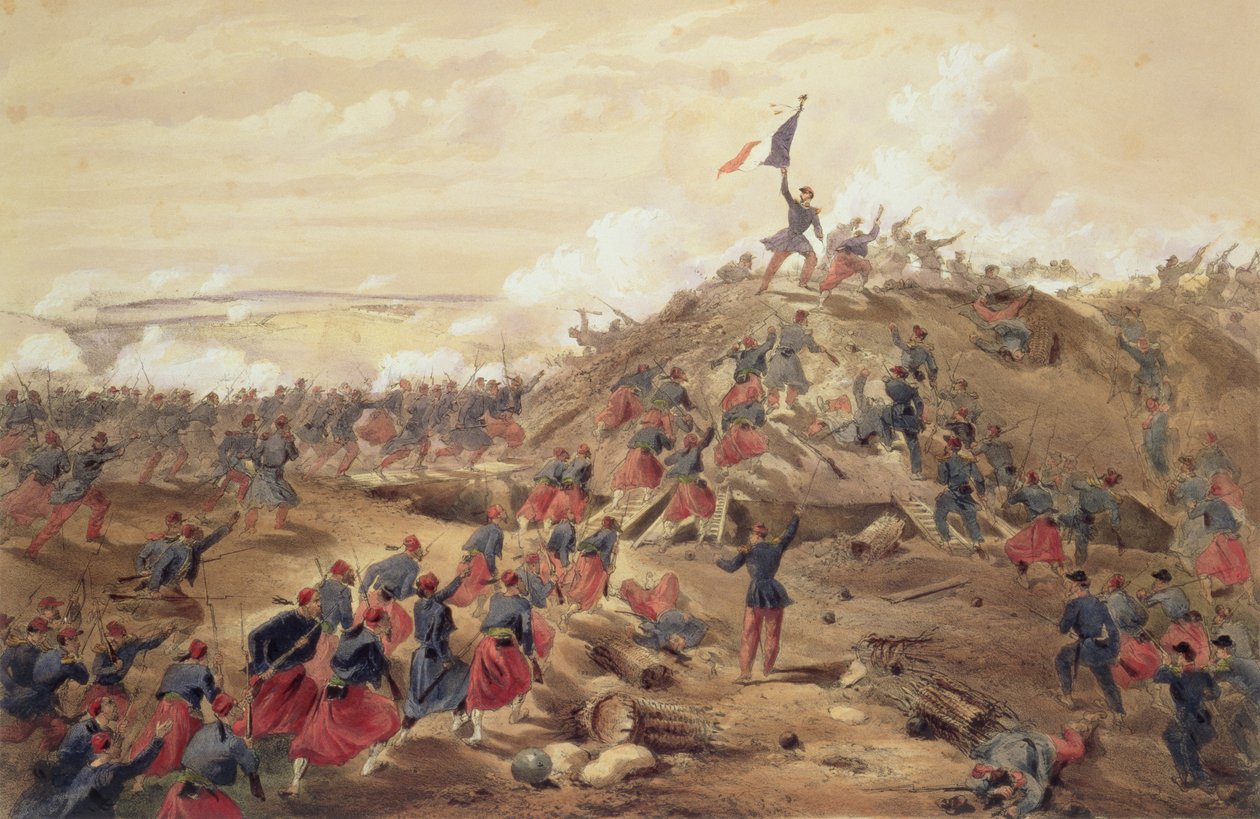 Malakoff'a Saldırı, 'Doğu'daki Savaş Yeri'nden levha, pub. Paul ve Dominic Colnaghi und Co., 1856 tarafından by William Crimea Simpson