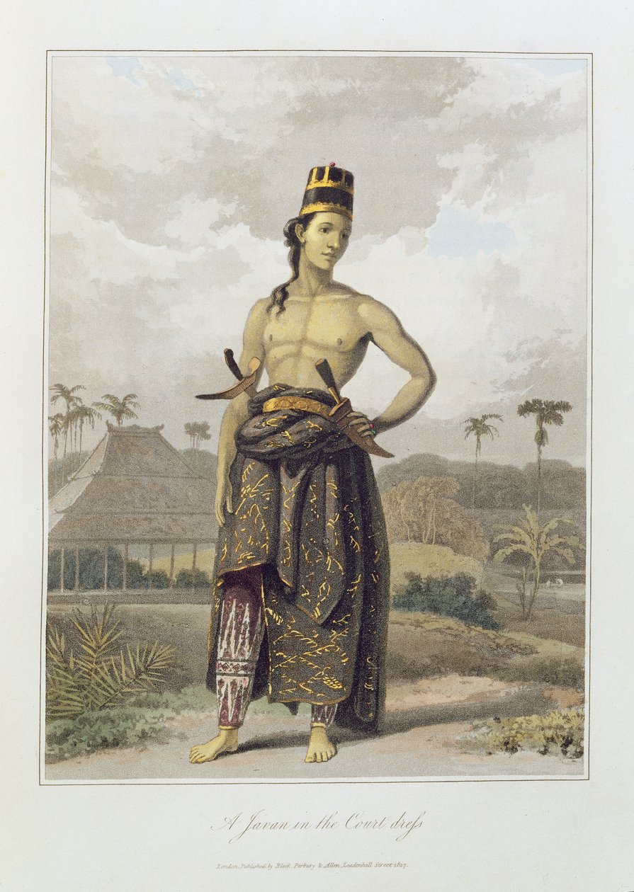 Mahkeme Elbiseli Bir Javan, pl. 6, Thomas Stamford Bingley Raffles (1781-1826) pub'ın 'The History of Java' kitabının I. Cildinden. 1817 (renkli aquatint) by William Daniell