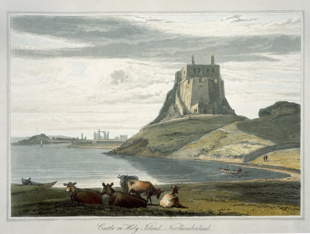 1822'de yayınlanan 'Büyük Britanya Çevresinde 1814 ve 1825 Yılları Arasında Yapılan Bir Yolculuk'tan Kutsal Ada, Northumberland'daki Kale (aquatint) by William Daniell