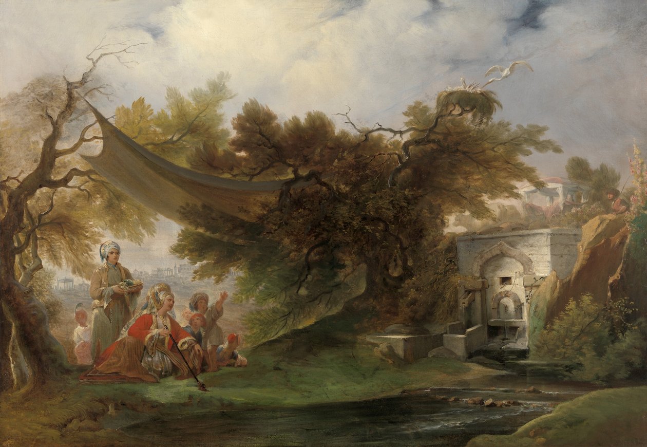 Bir Derenin Yanında Figürlü Hint Manzarası (tuval üzerine yağlı boya) by William Daniell