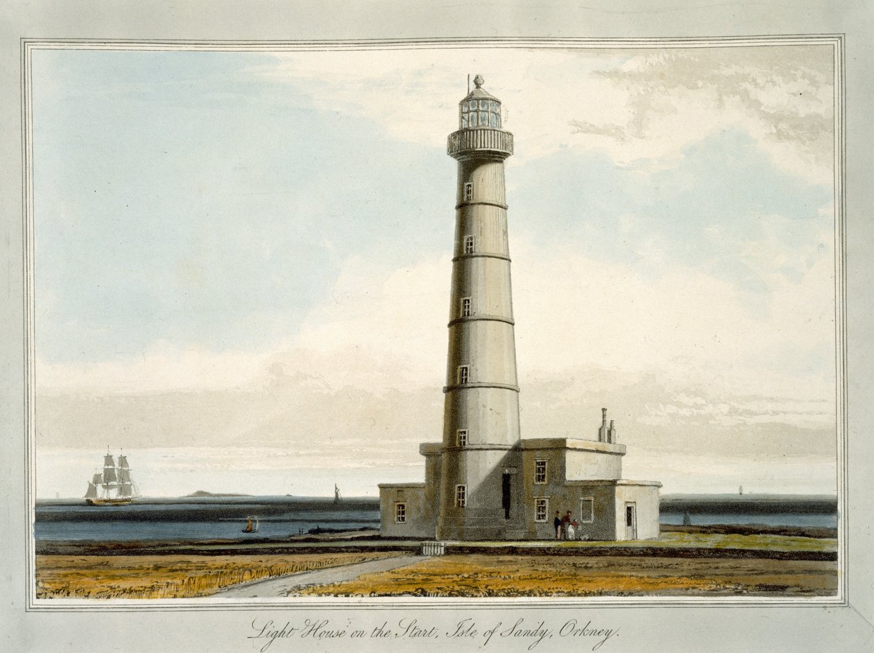 1821'de yayınlanan 'Büyük Britanya Çevresinde 1814 ve 1825 Yılları Arasında Yapılan Bir Yolculuk'tan Başlangıç, Sandy Adası, Orkney'deki Deniz Feneri, by William Daniell