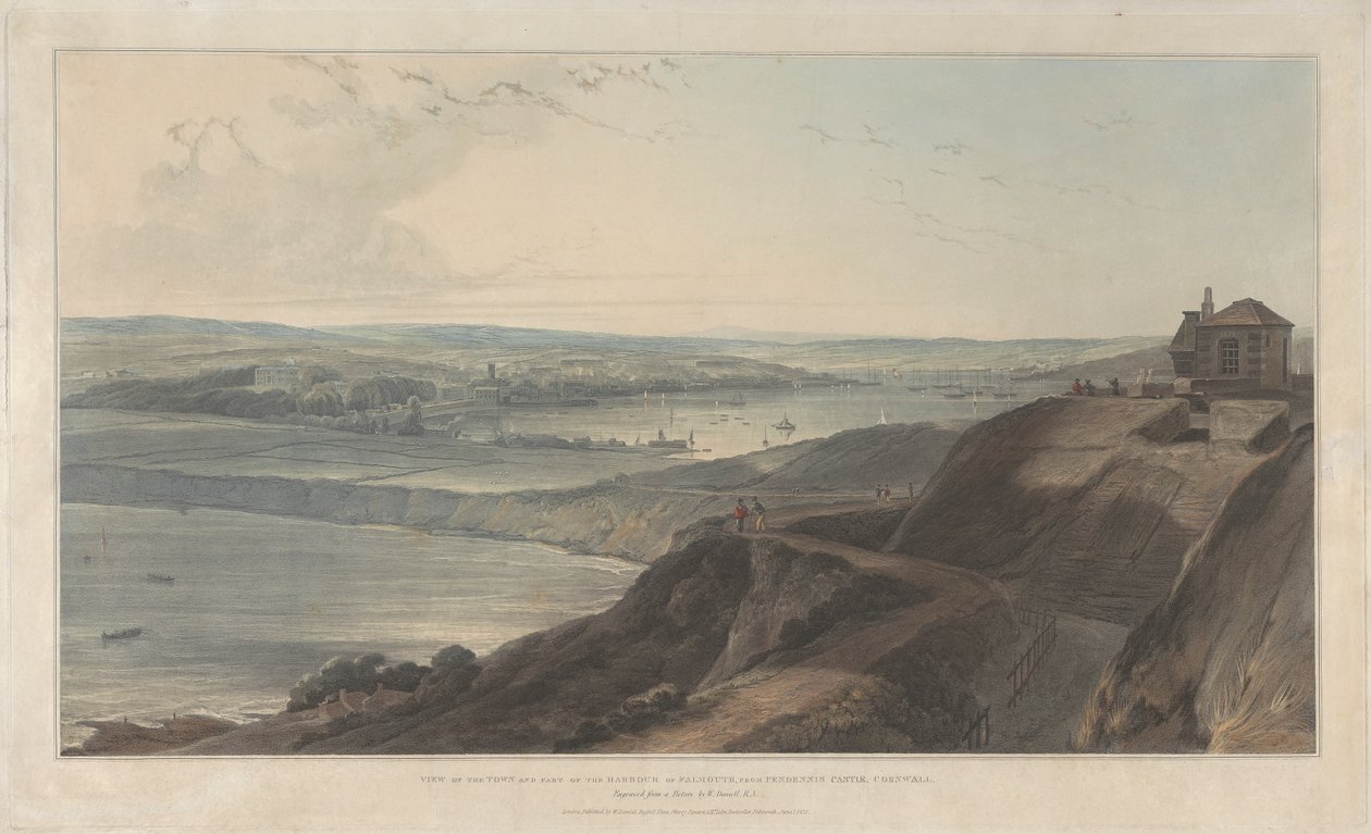 Pendennis Castel, Cornwall'dan Kasabanın ve Falmouth Limanı'nın Bir Kısmının Görünümü by William Daniell