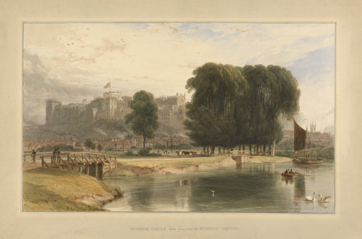 Windsor Kalesi, Brocas Meadows yakınından, 1827 (montaj üzerine yerleştirilmiş kağıt üzerine wc ve kalem ve mürekkep) by William Daniell