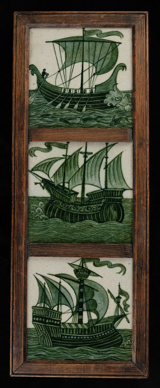 Tam yelkenli gemilerin karo paneli, çerçeve içinde, c.1865-80 (seramik) by William de Morgan