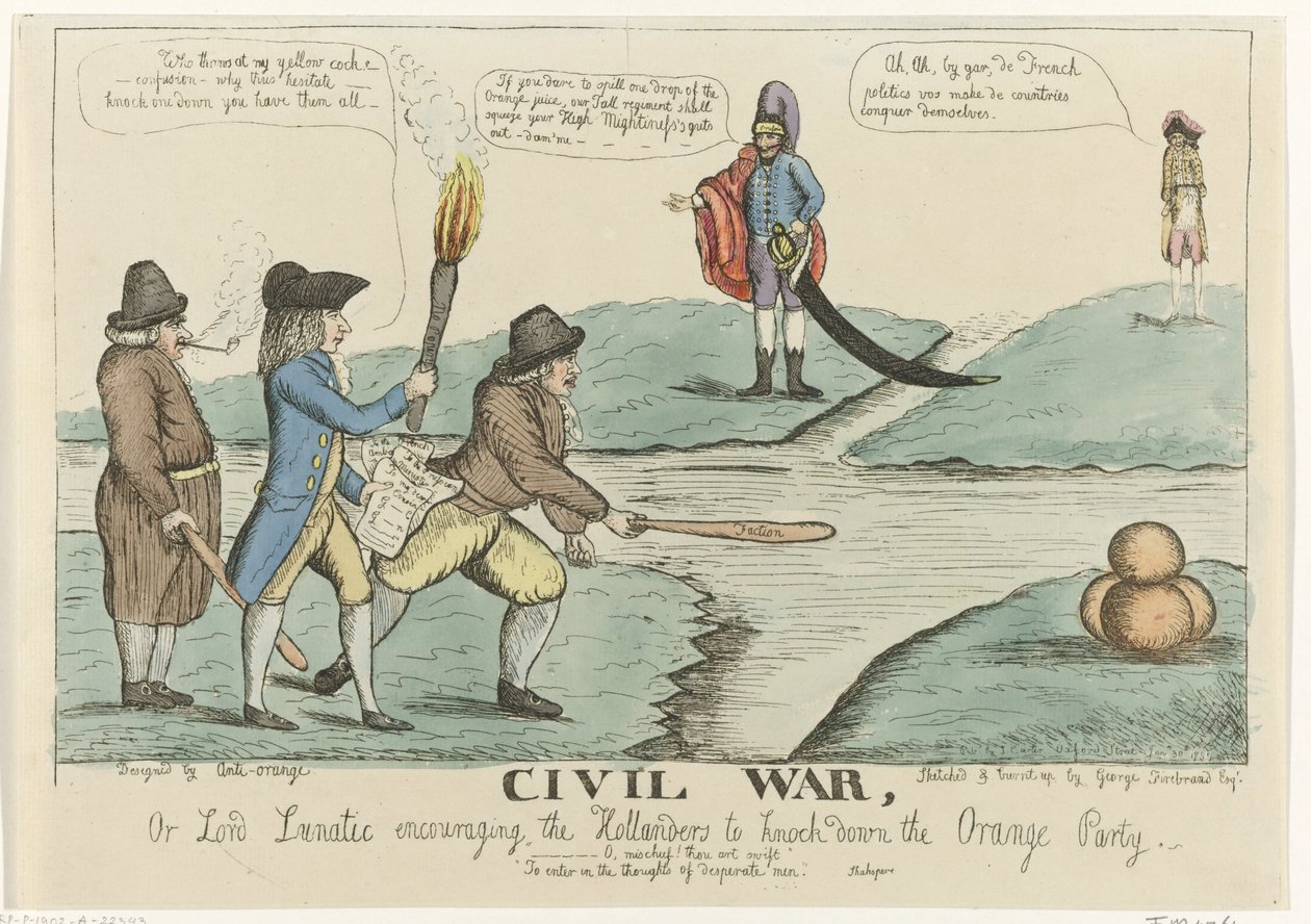 Hollanda iç çatışmasının İngiliz karikatürü, 1787 İç savaş veya Lord Lunatic, Hollandalıları Turuncu Parti