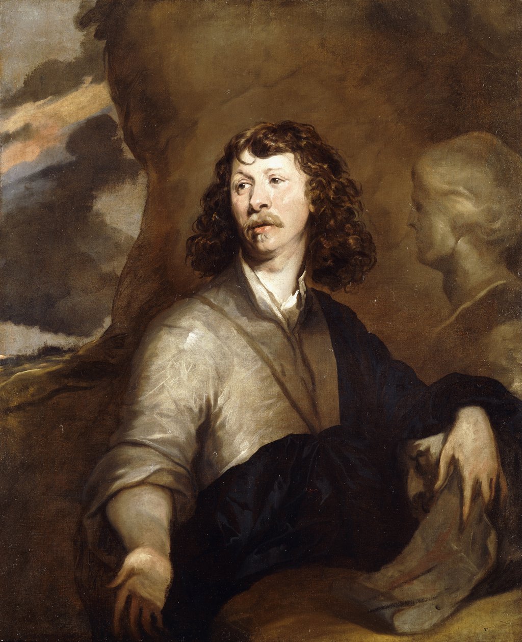 Bir Beyefendinin Portresi, Muhtemelen Sanatçı, Yarım Boy, Kahverengi Pelerinli ve Mavi Şallı, Mermer Büstün Yanında, Kayalık Bir Manzarada, by William Dobson