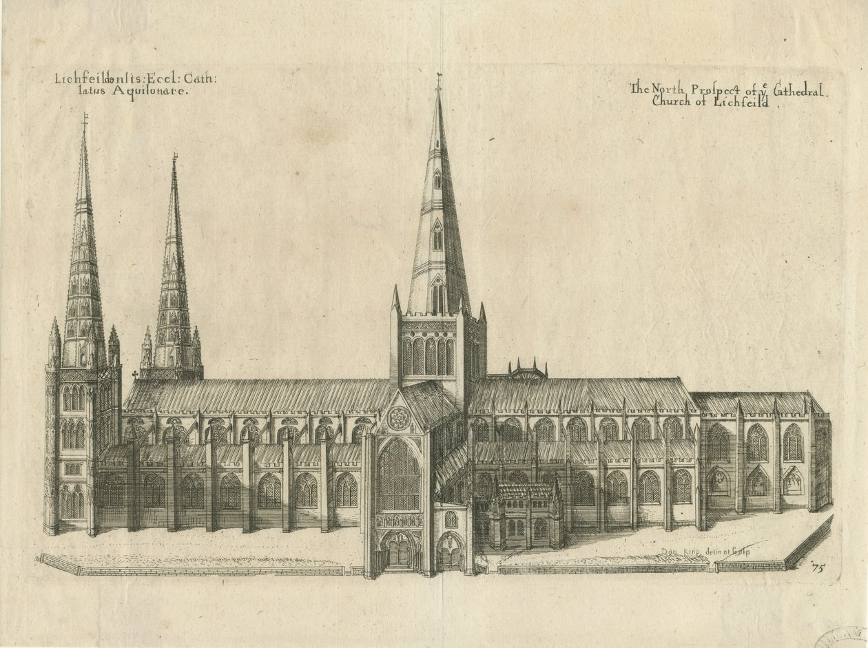 Lichfield Katedrali - Güney Görünümü: bakır levha gravür, nd [?17.yüzyılın ortası] by William Dugdale