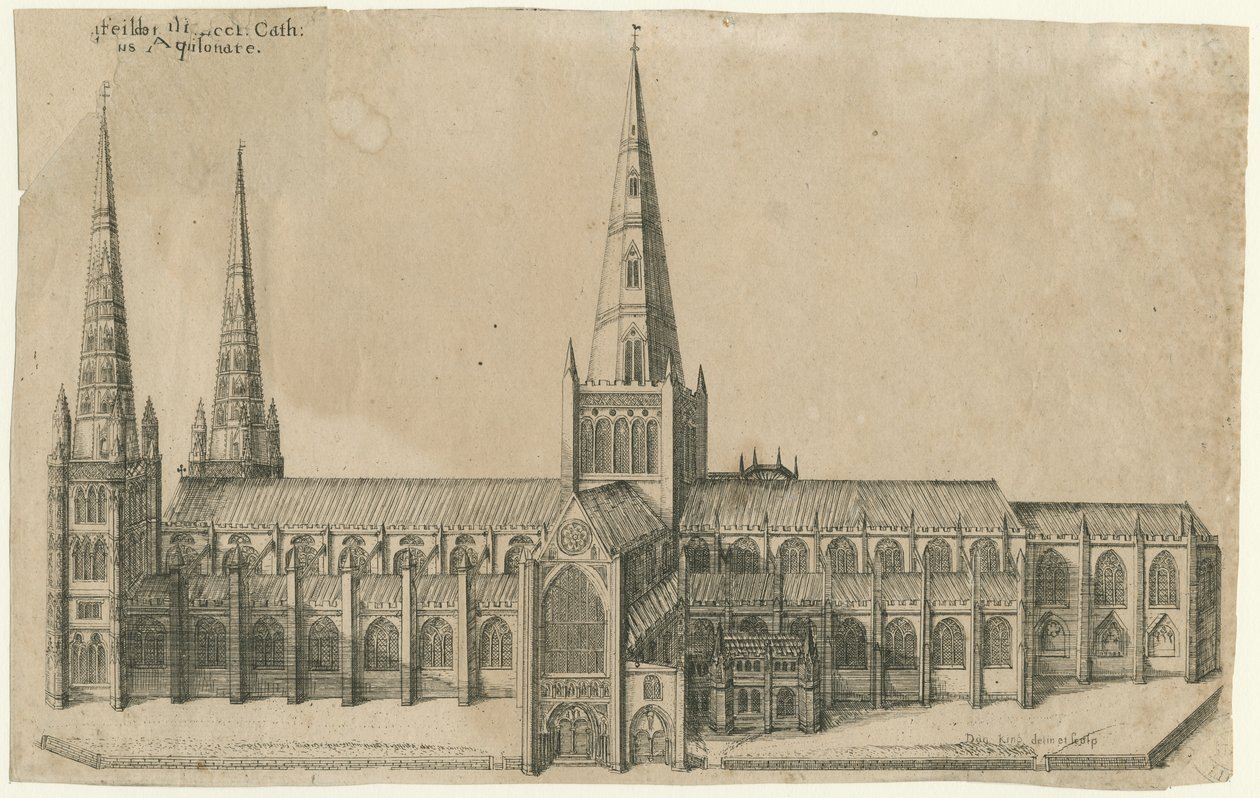 Lichfield Katedrali - Güney Görünümü: bakır levha gravür, nd [?17.yüzyılın ortası] by William Dugdale
