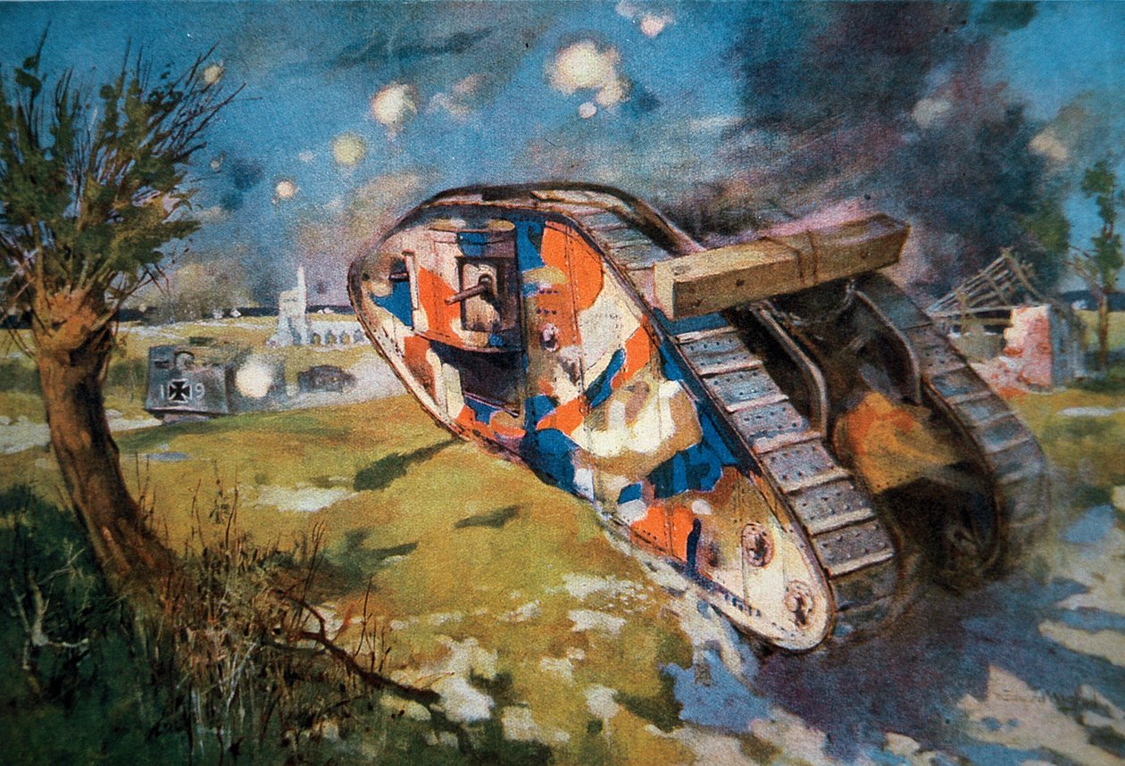 Kamufle edilmiş İngiliz Mk IV tankı 1. Dünya Savaşı