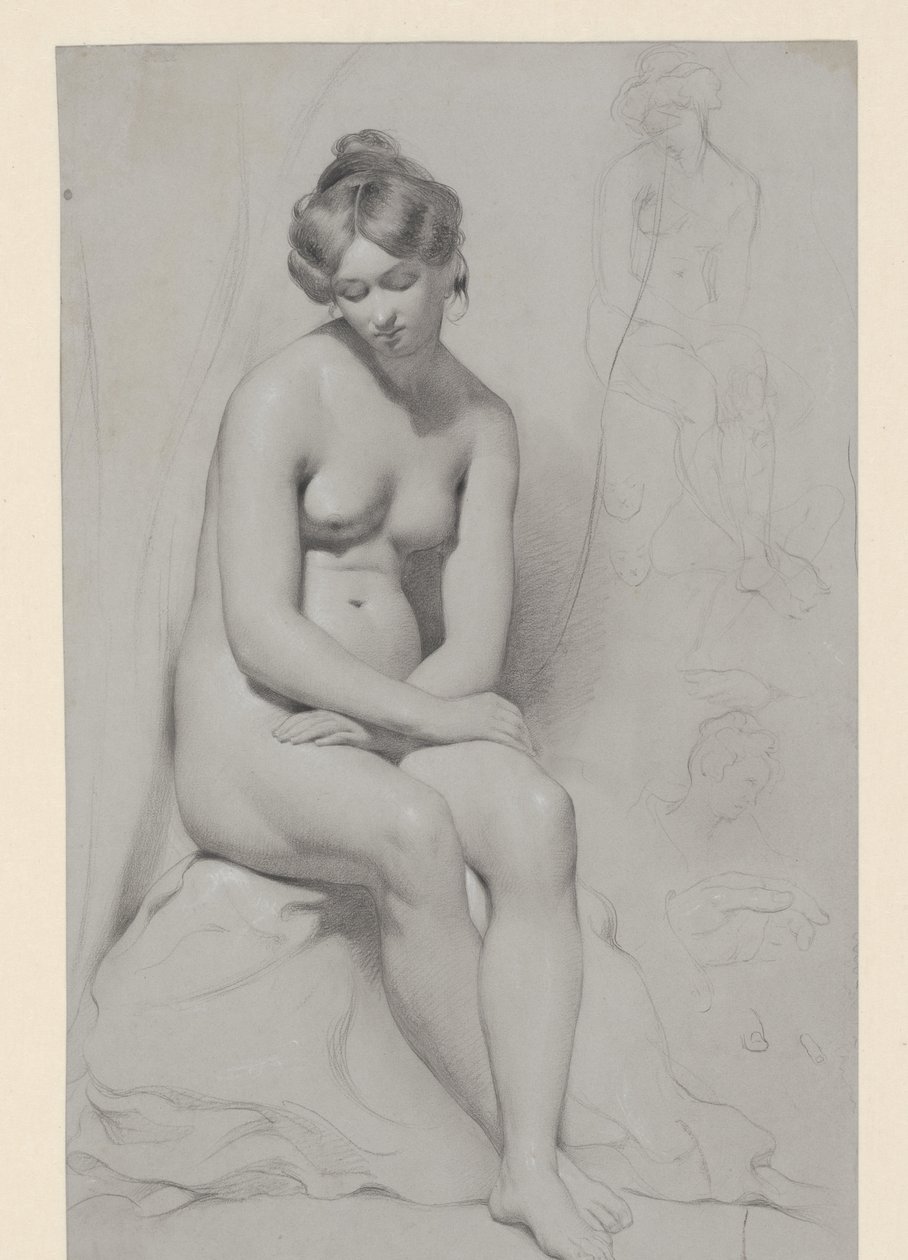 Yüksek saç kesimi ile oturan çıplak kadın modeli, yanında tekrar kabataslak çizilmiş by William Etty