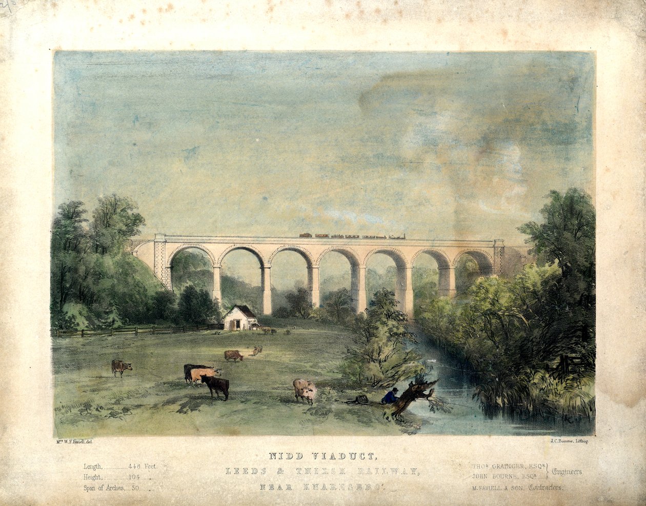 Nidd Viyadüğü, Leeds ve Thirsk Demiryolu, Knaresbro' yakınında, 1850 dolayları (kağıt üzerinde renkli lito) by William Frederick Faviell