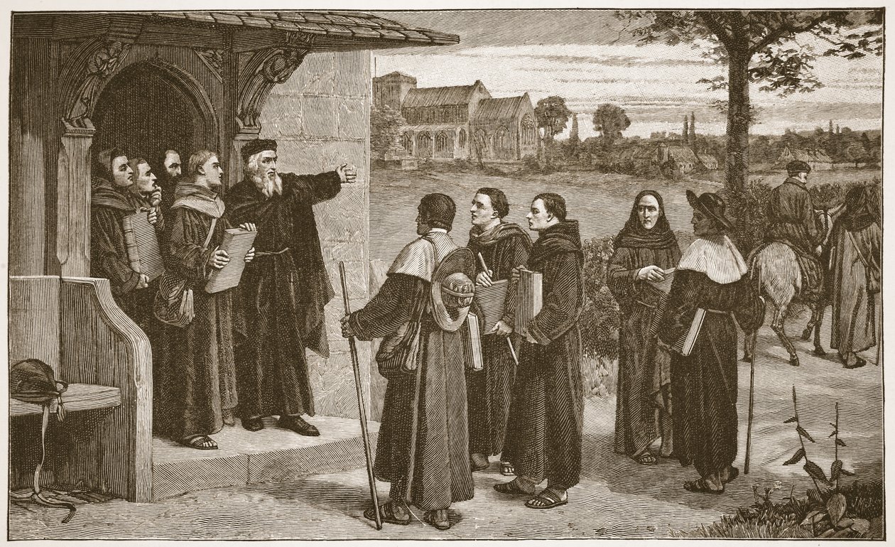 Wycliff 'fakir rahiplerini' gönderiyor, HDM Spence-Jones'un yazdığı 'The Church of England: A History for the People'dan bir örnek, pub. c.1910 (sepya fotoğrafı) by William Frederick Yeames