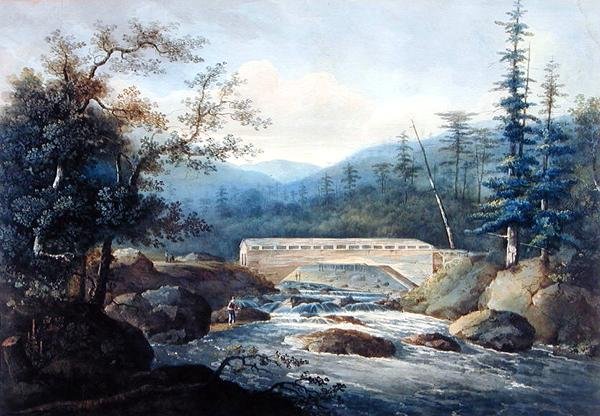 Sacandaga Nehri boyunca Kapalı Köprü, Hadley, NY, c.1820 (kağıt üzerine grafit ve suluboya) by William Guy Wall