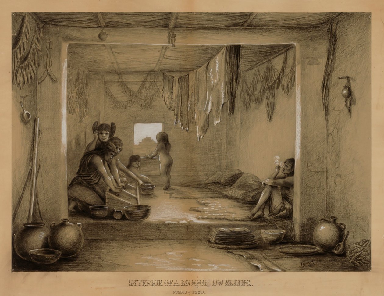 19. yüzyılın sonları ile 20. yüzyılın başlarında bir Hopi Konutunun içi. by William H. Jackson