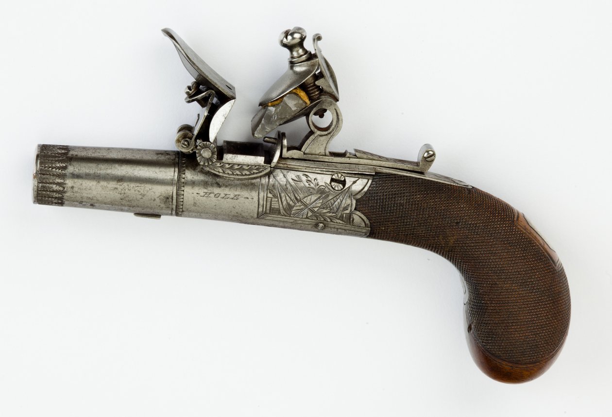 Kutu Kilitli Çakmaklı Cep Tabancası, c.1820 (çelik, gümüş ve ceviz ağacı) by William Hale