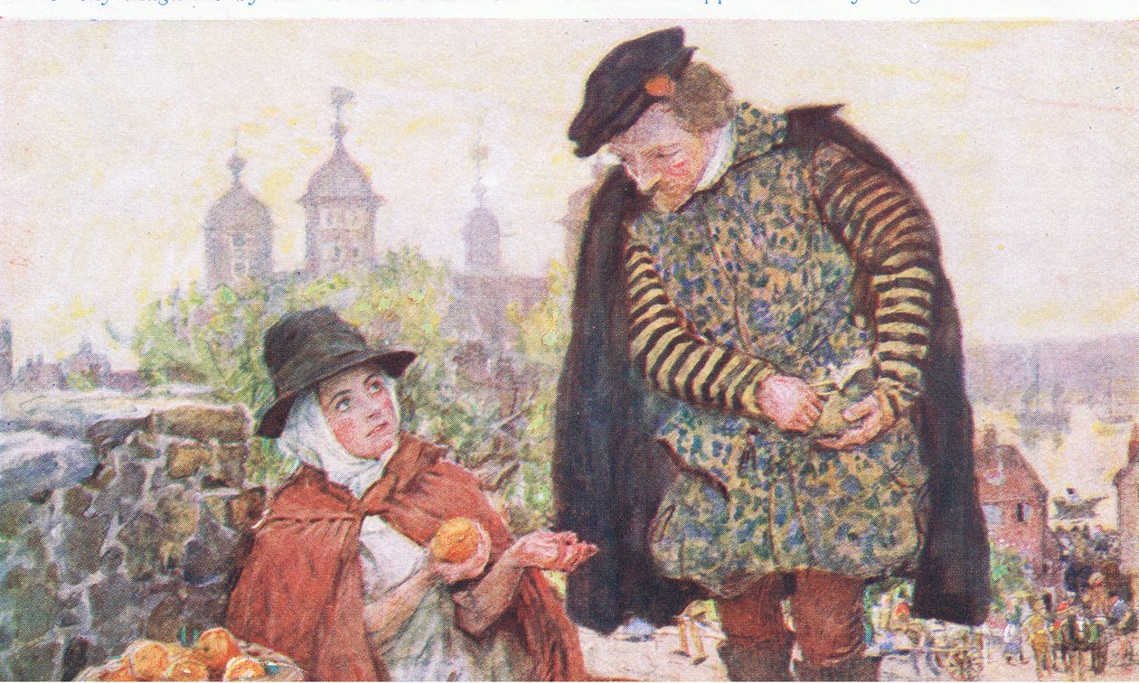 Shakespeare buys an orange from a woman on Tower Hill, from My Magazine, pub.1922  by William Hatherell