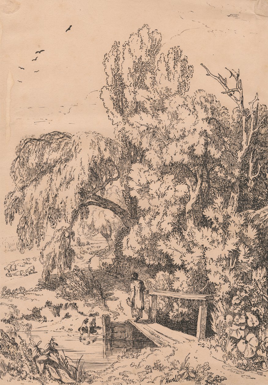 Ağaçlarla Manzara, Yaya Köprüsünden Geçen Kız by William Havell